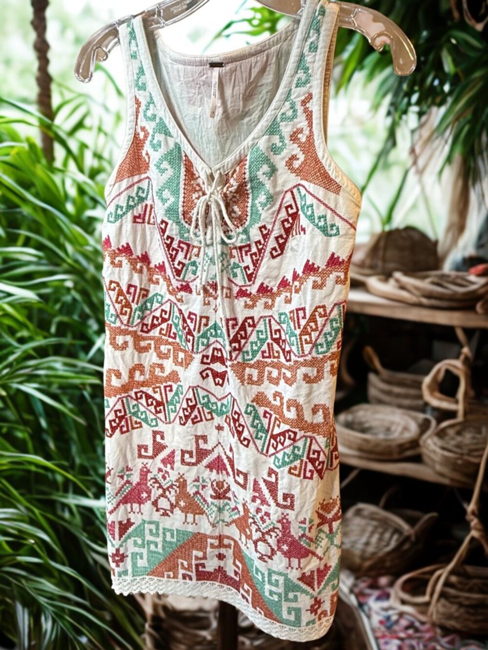 Free People Boho Embroidered Tie-Front Tank Dress Sz 8